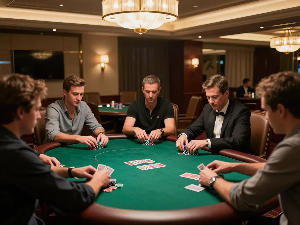 Red 88 poker players engaged in intense game strategy at luxurious green felt table