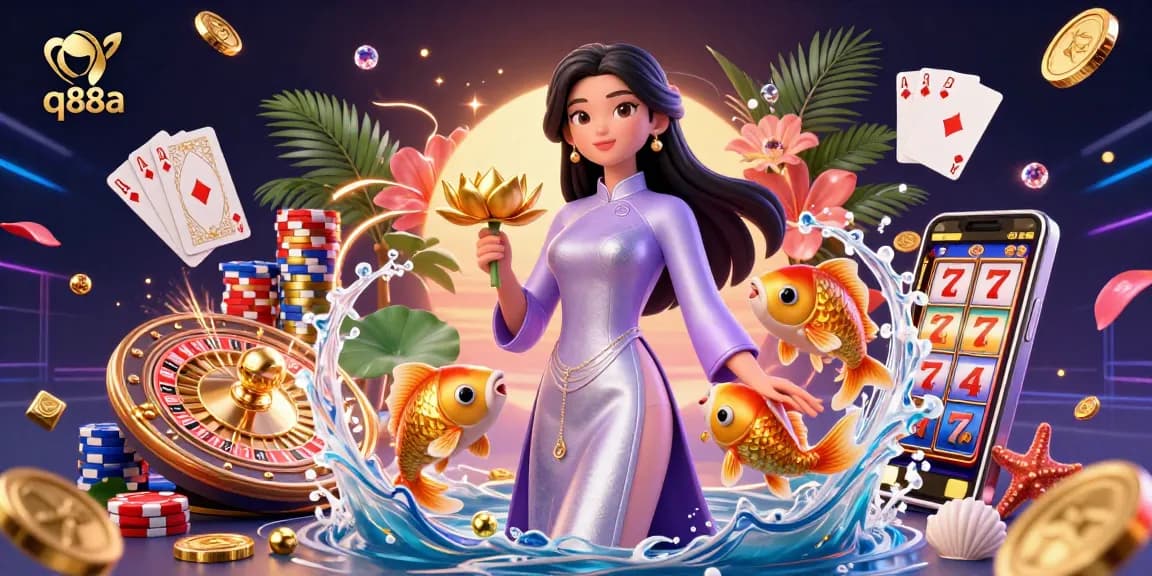 Experience the thrill of q88a with this vibrant casino illustration showing games and golden rewards.