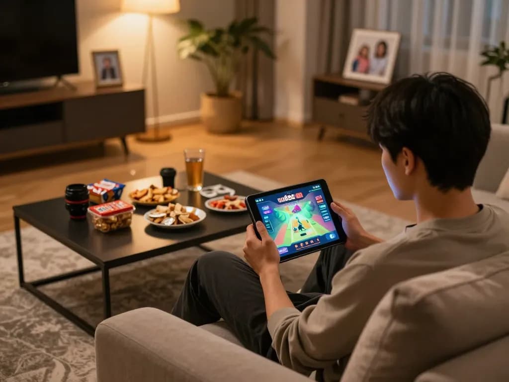 Engaging activity at uu88 casino by a player on a tablet in a cozy living room setup