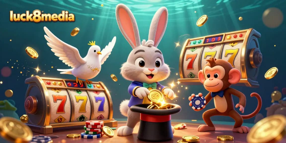 Engage with luck8media in a vibrant 3D casino scene featuring a magician rabbit pulling coins.