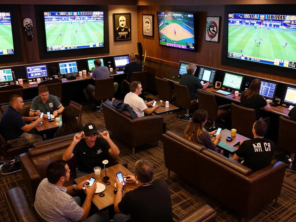 Experience the thrill of sports betting at icm88 with engaged patrons in a vibrant lounge.