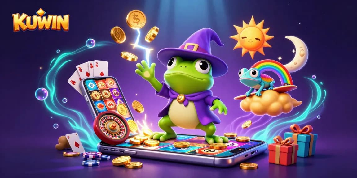 KUWIN sparks excitement with a dynamic scene featuring a wizard frog, a chameleon, and casino elements.