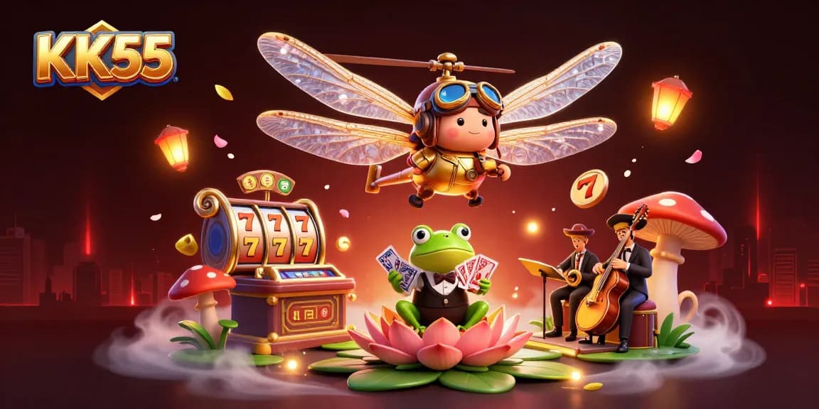 Experience exciting gameplay at KK55 with dragonfly pilot, frog dealer, and jazz musicians in a vibrant casino scene.