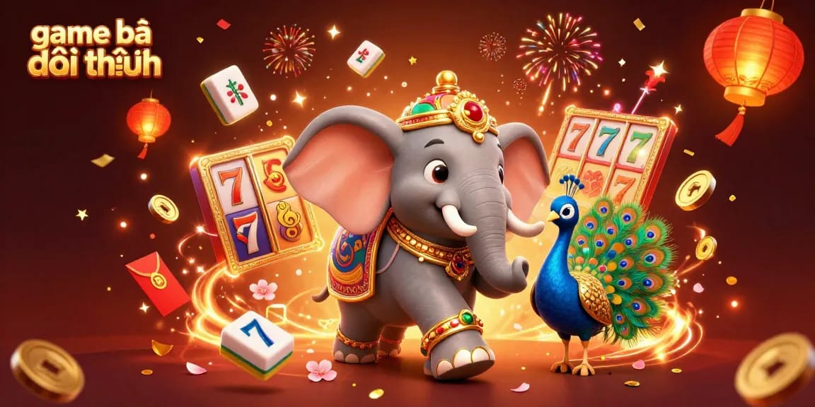 Experience game bài đổi thưởng with an enchanting scene of colorful themes, festive elements, and exciting slots.