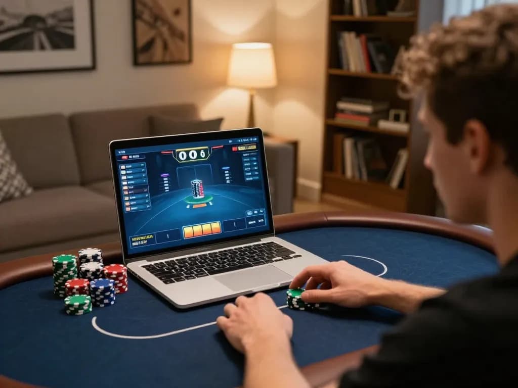 Engaged player at home using laptop for RR88 online poker game with chips on the table