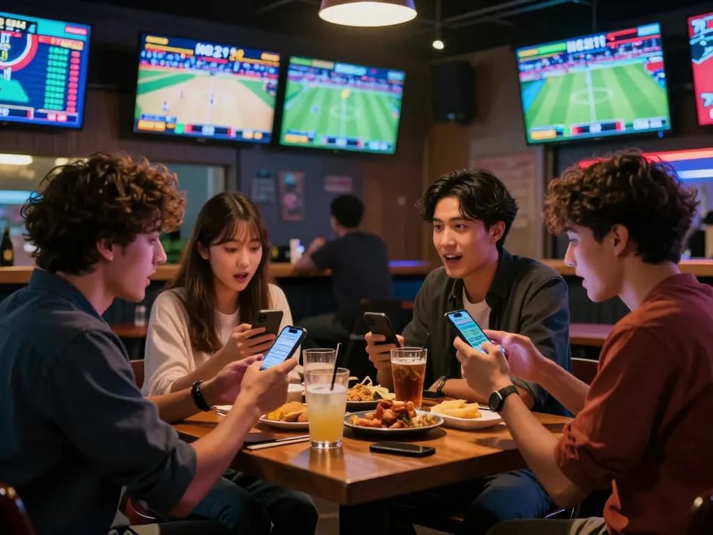 Friends engaging in live sports betting excitement at 88xeng with smartphones and screens.