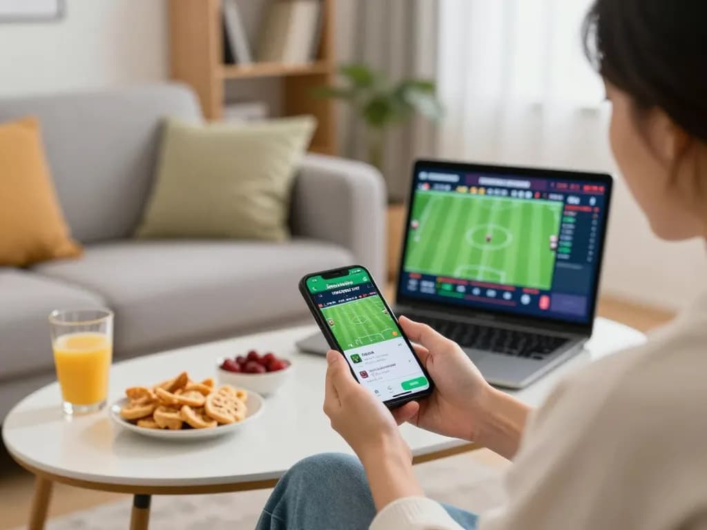 Engaging in bóng đá trực tuyến betting on smartphone in a cozy home setup during an exciting match