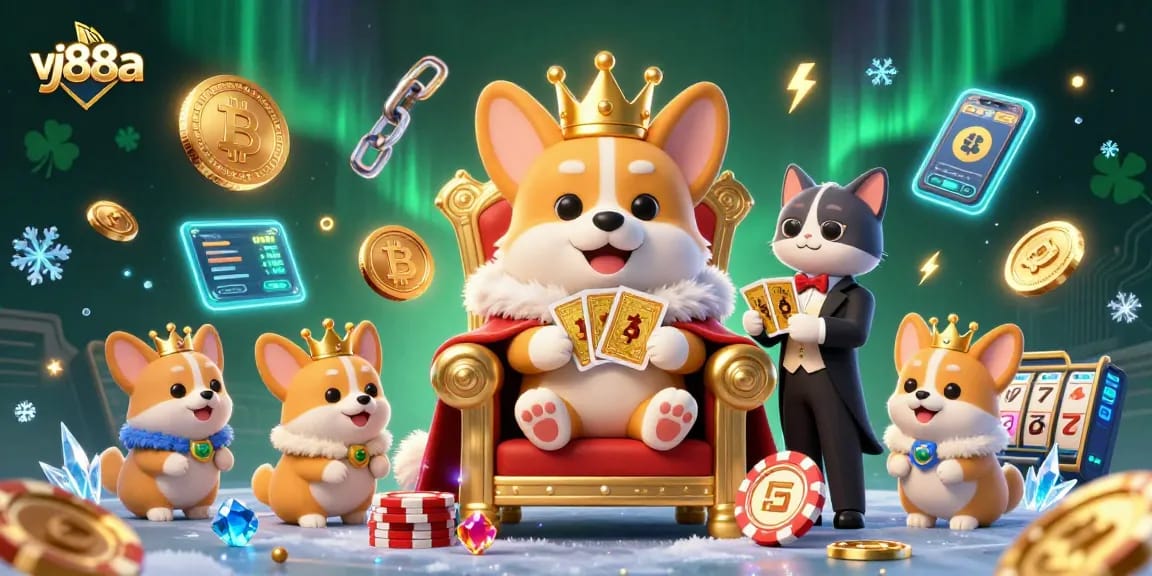 Engage with the vibrant vj88a casino scene featuring a royal corgi on a throne of chips.