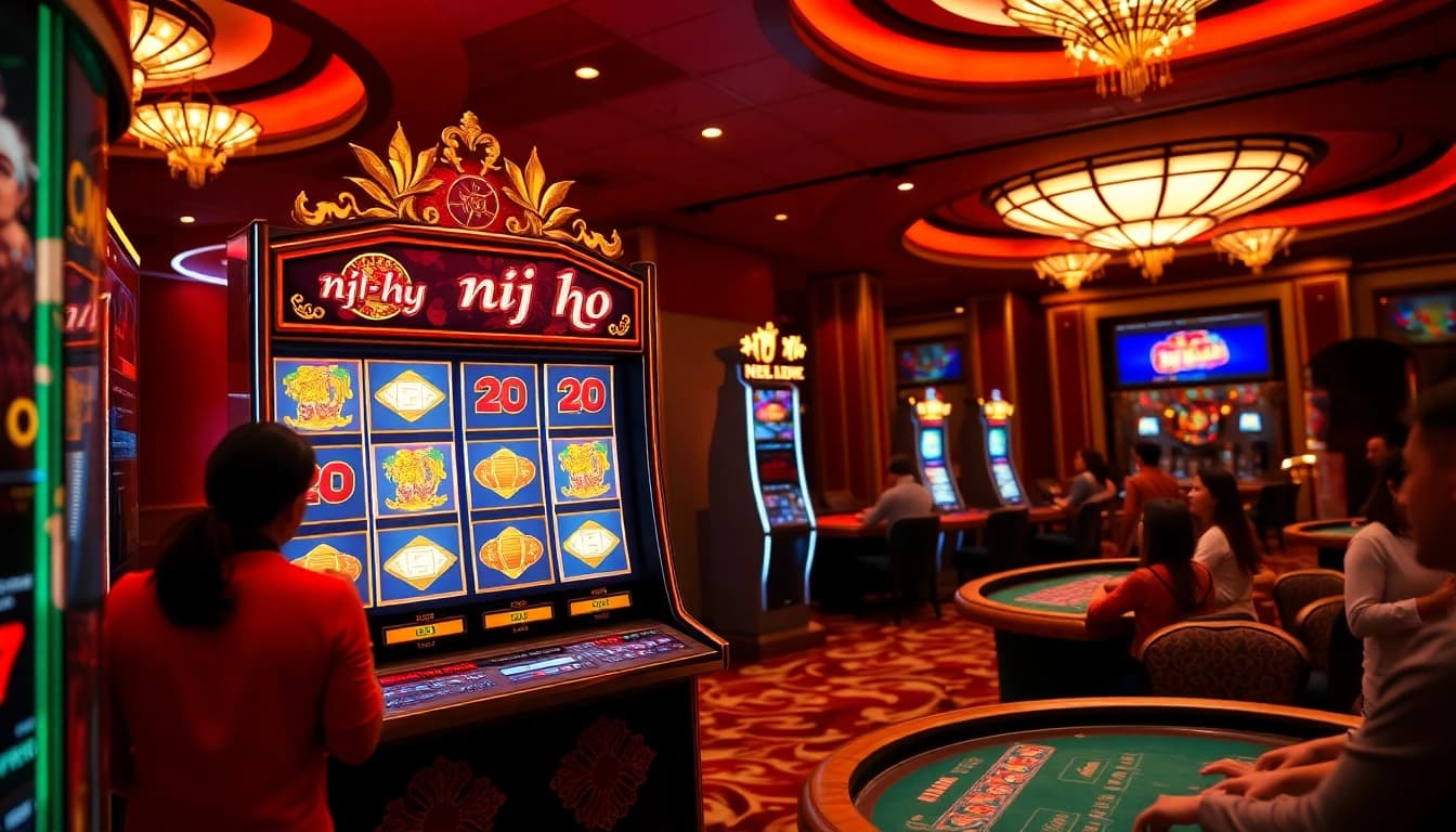 Experience thrilling nổ hũ action at a luxurious modern casino featuring vibrant slot machines.