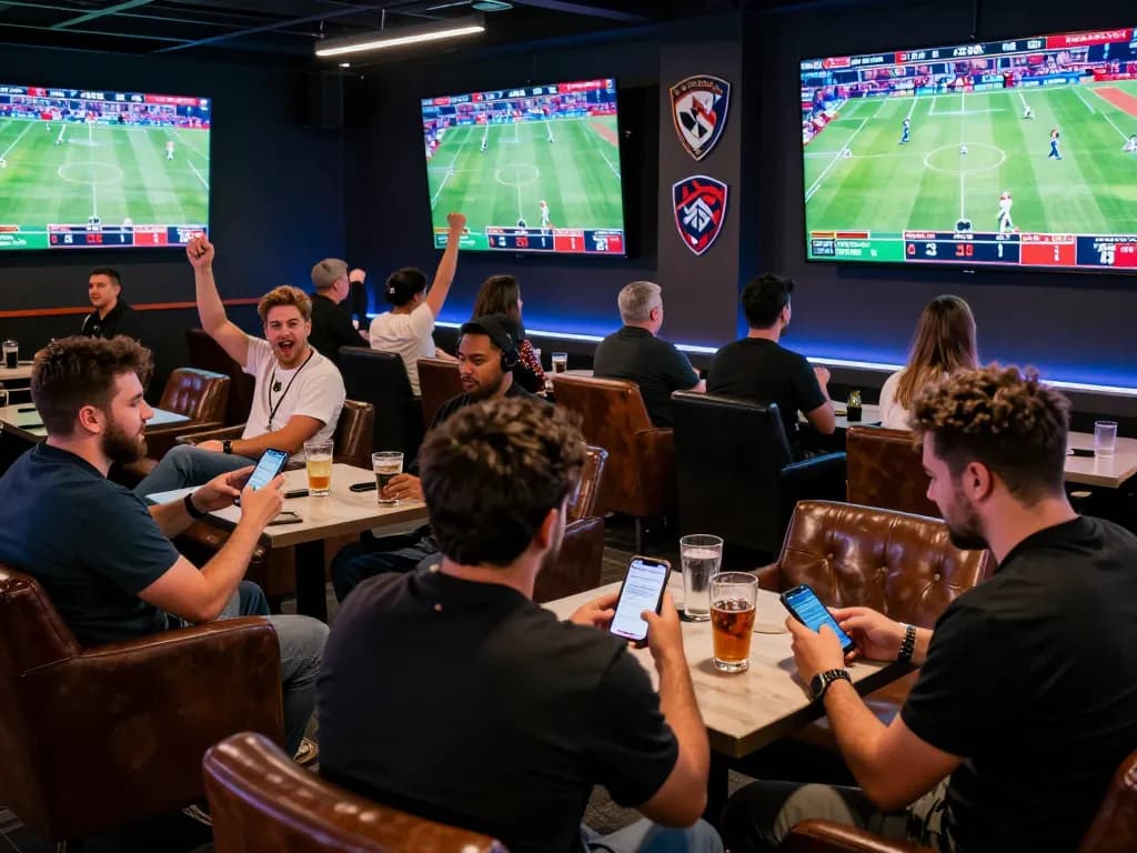Enthusiasts placing bets in a lively sports betting lounge at LV88