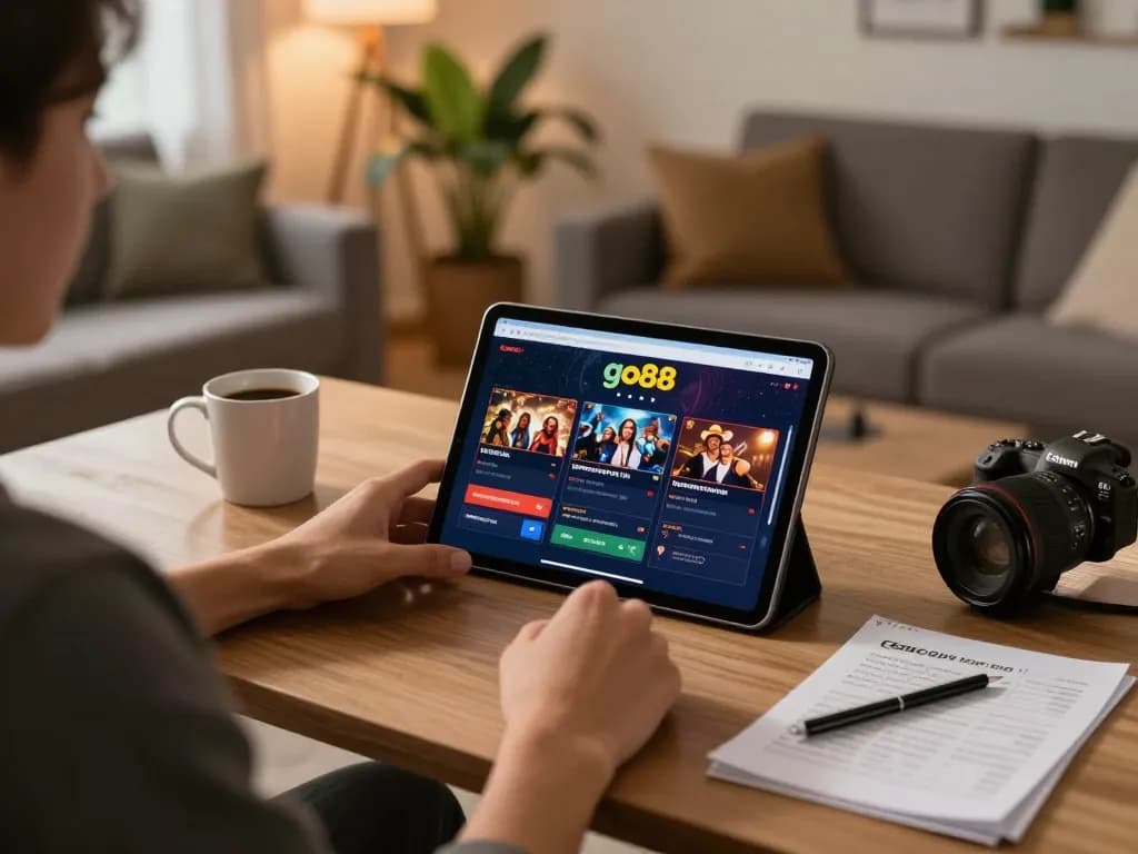 Player engaging with the go88 app on a tablet, showcasing a relaxed home gambling environment with strategy notes.