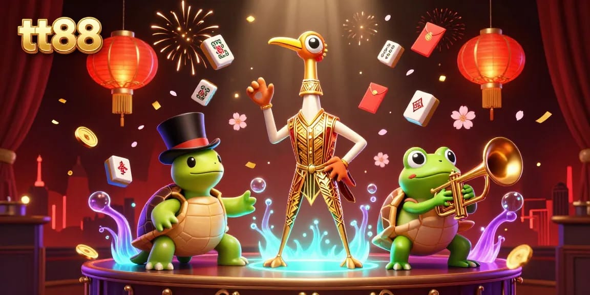 tt88 players enjoy a vibrant casino atmosphere with colorful characters and game elements in a lively scene.
