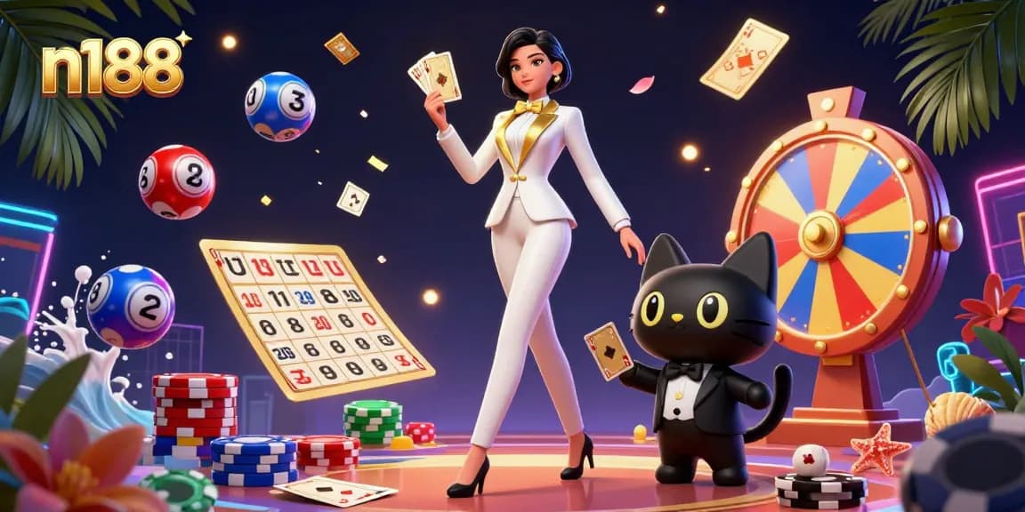 Experience exhilarating gaming at n188 with a glamorous woman shuffling cards and vibrant lottery elements.