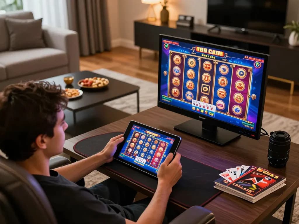 Engaging gaming moment on 789 CLUB as a player uses a tablet for online slots in a cozy home setting