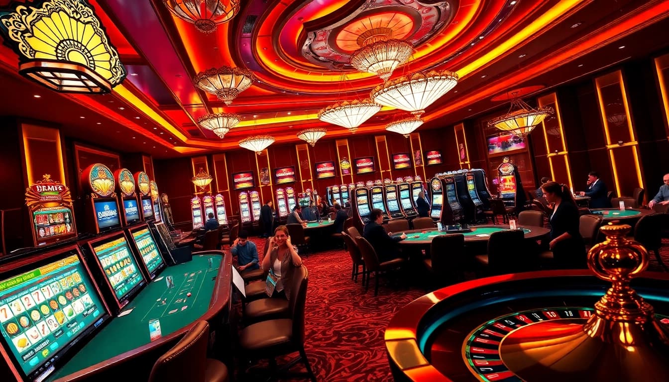 Watch players enjoy thrilling games at https://bem88.com, showcasing lively casino tables and vibrant slot machines.