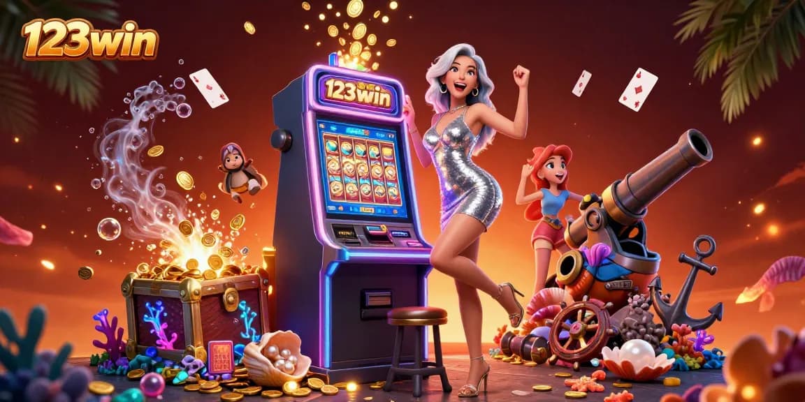 Experience big wins with 123win in this vibrant casino scene featuring a celebratory player.