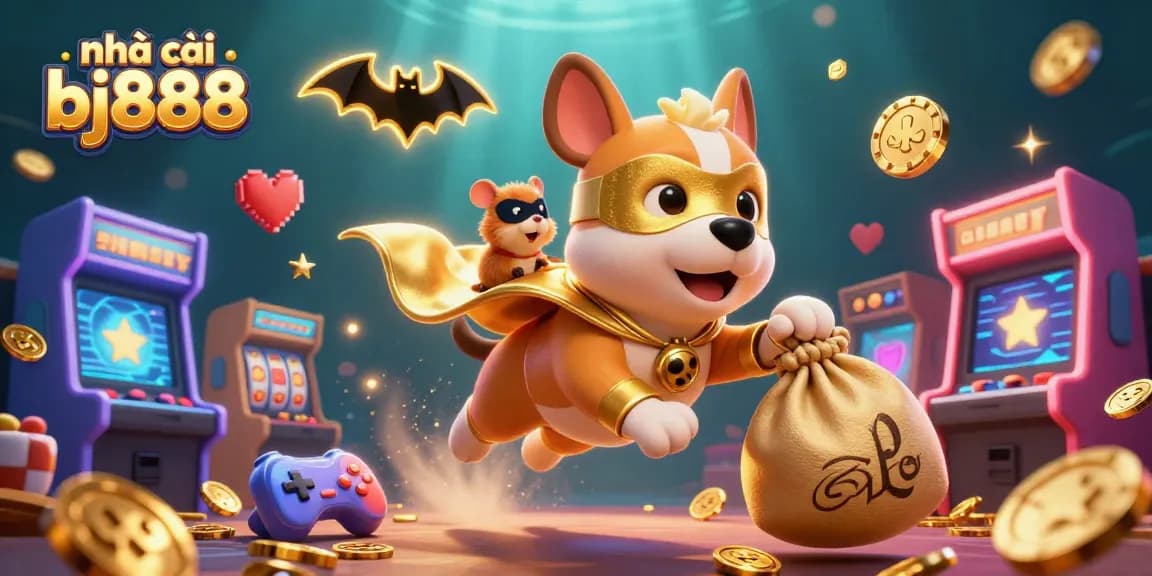 Engage with the exciting world of nhà cái bj888 as the superhero dog flies with gold coins and casino elements in a vibrant scene.