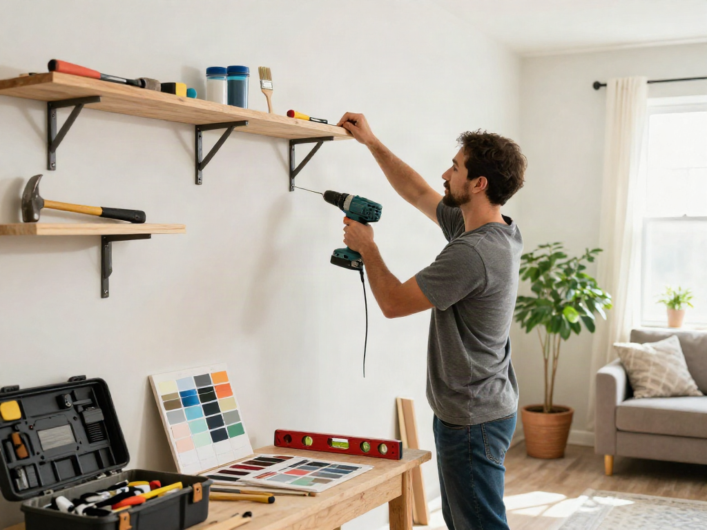 Home repair services Des Moines Iowa, handyman repairing shelves in a cozy living room with tools and color chips.