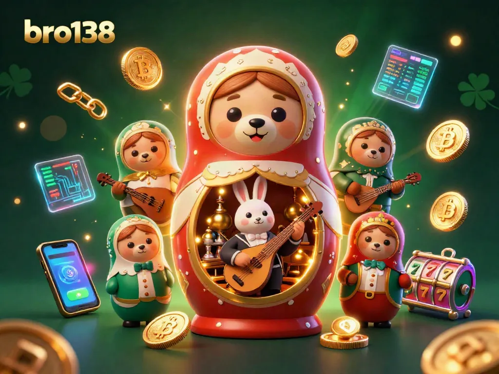 Spin to win with bro138's dynamic 3D illustration featuring casino-themed characters and vibrant game elements.