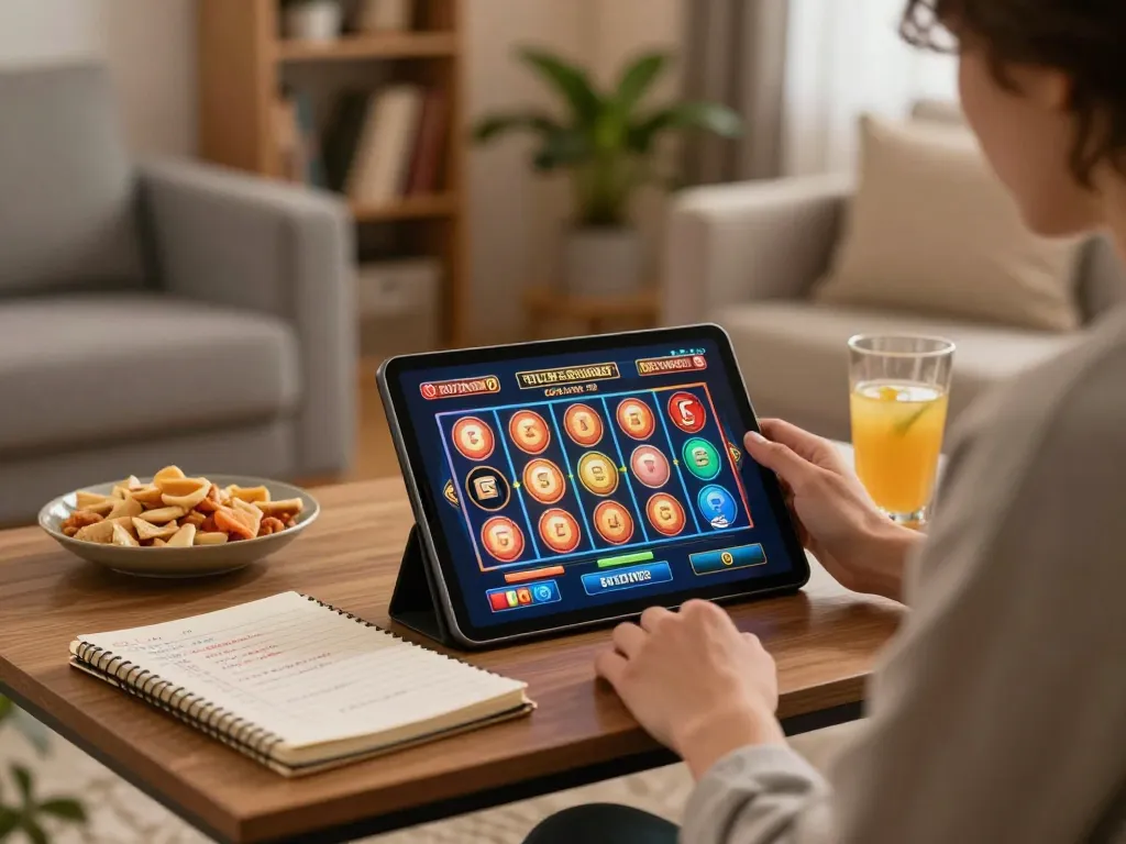 C168 player enjoying an online slot game on a tablet at home, highlighting strategic engagement in gambling.