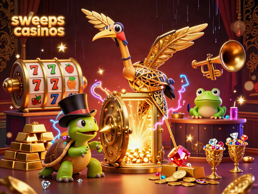 Engage with sweeps casinos in a vibrant 3D scene filled with treasures and lively characters.