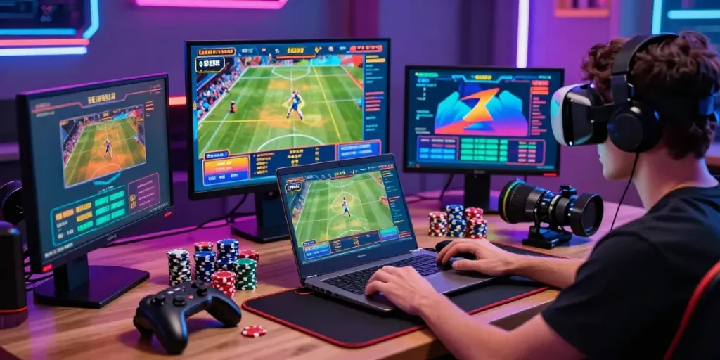 Engaging online gaming scene of sports betting at https://zbet.cymru/ with colorful chips and a dynamic scoreboard.