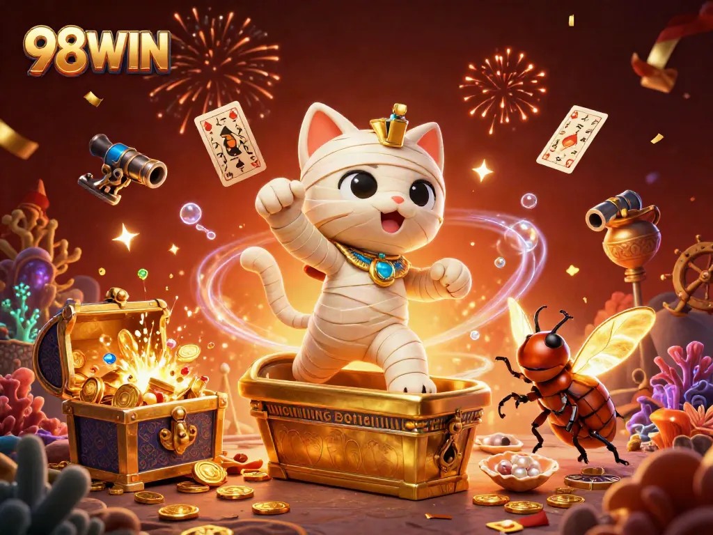 Experience thrilling gameplay with 98WIN's vibrant casino scene featuring an Egyptian mummy cat and treasure.