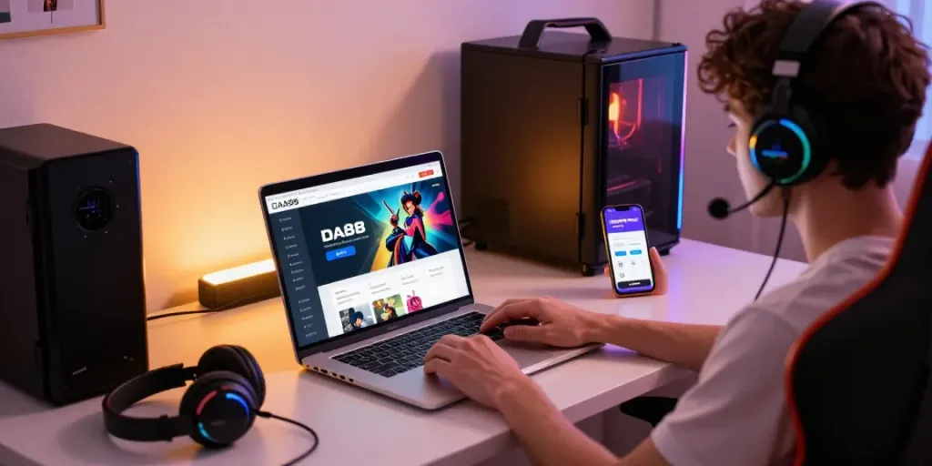 Engaging user exploring the da88 online gaming platform in a modern home office.