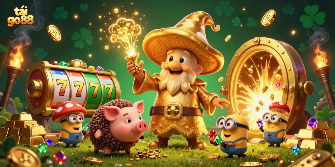 Engage with the magic of tải go88 as a golden mushroom wizard transforms treasure in a vibrant casino scene.
