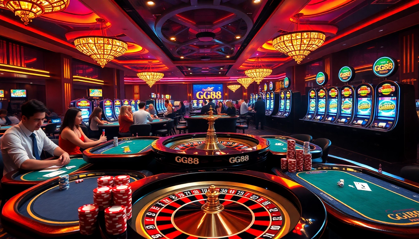 Players engaged in an exhilarating GG88 poker game surrounded by vibrant casino elements.