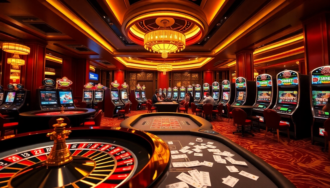 Exciting gambling scene showcasing ĐĂNG NHẬP HBBET with vibrant casino elements like roulette and poker.