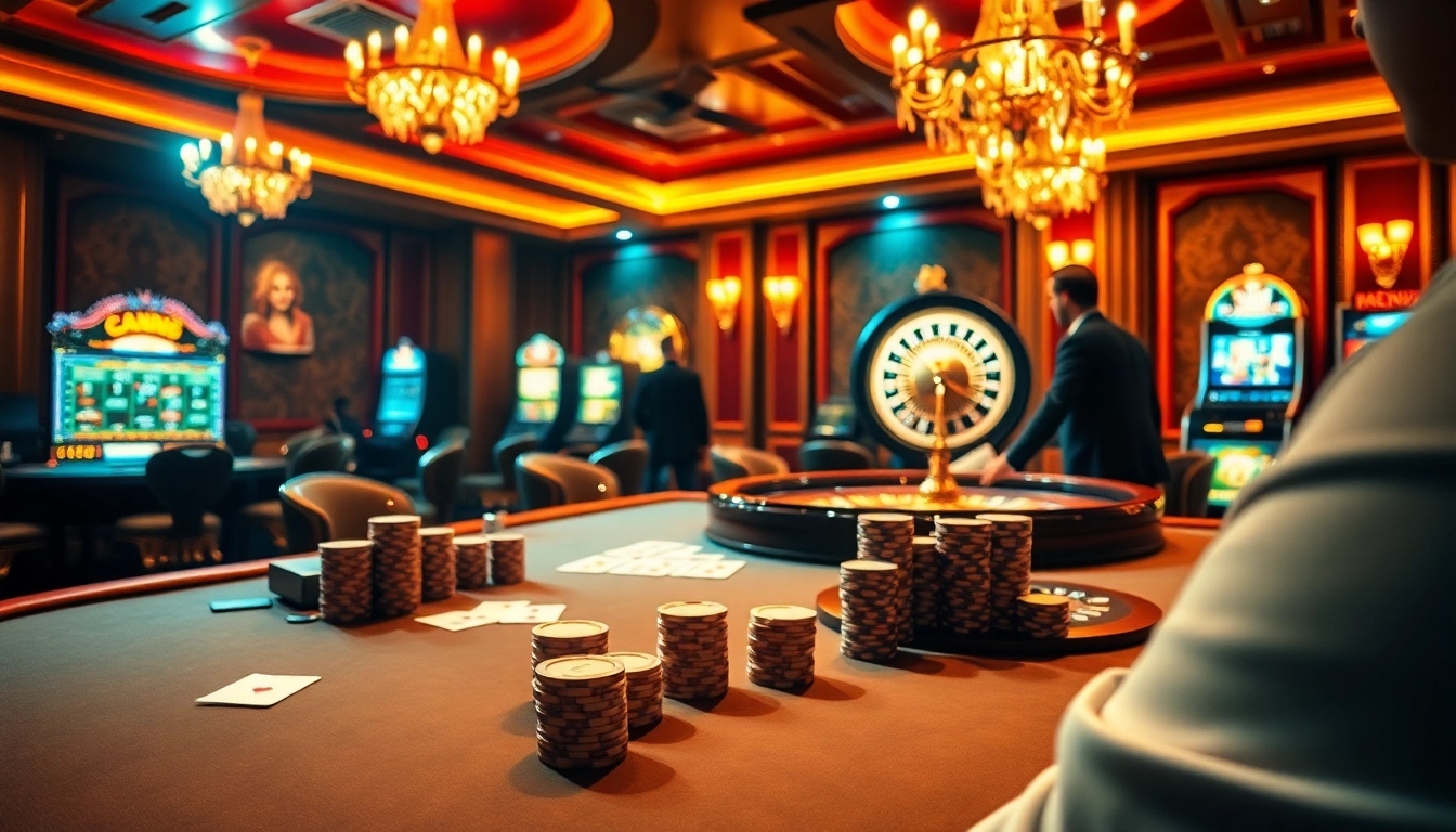 The thrilling atmosphere at a casino with players at the poker table and vibrant cards exemplifying https://789p.gives/ betting strategies.