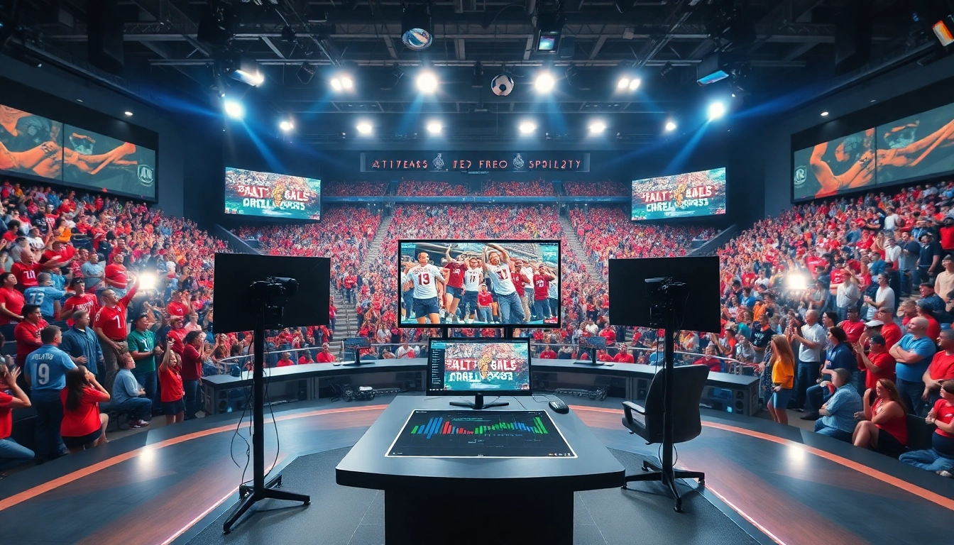 Engaging scene of Sports Broadcasting during a live event with vibrant audience energy.
