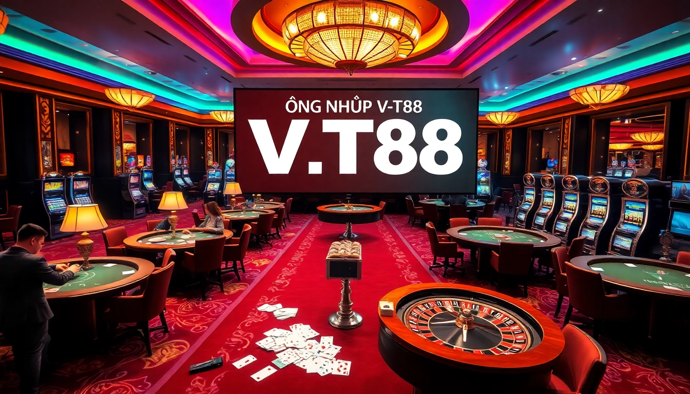 Engage in a vibrant casino atmosphere with ĐĂNG NHẬP VT88 displayed prominently as players enjoy poker and roulette.