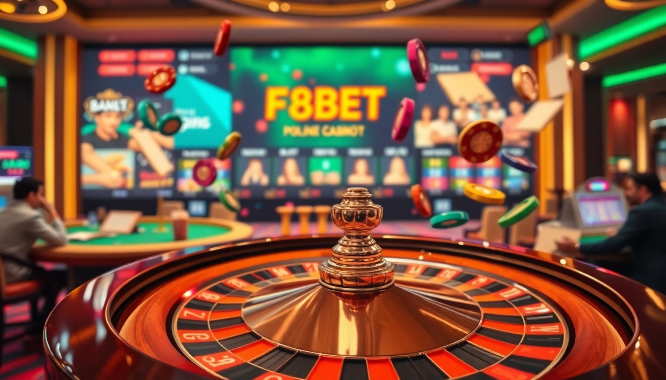 Experience thrilling gambling action at https://f8bet.io/ with a lavish casino setting featuring roulette and lively gameplay.