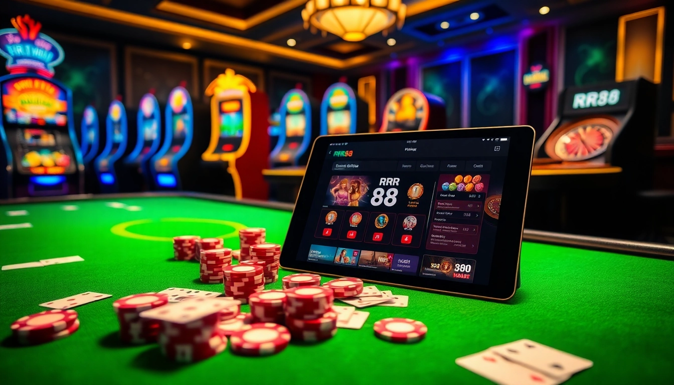 Experience the thrill of RR88 casino games at a luxurious gaming table with vibrant poker chips.
