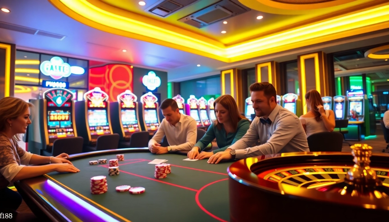 Players enjoying a thrilling poker game at Nhà cái F168, surrounded by vibrant casino elements.