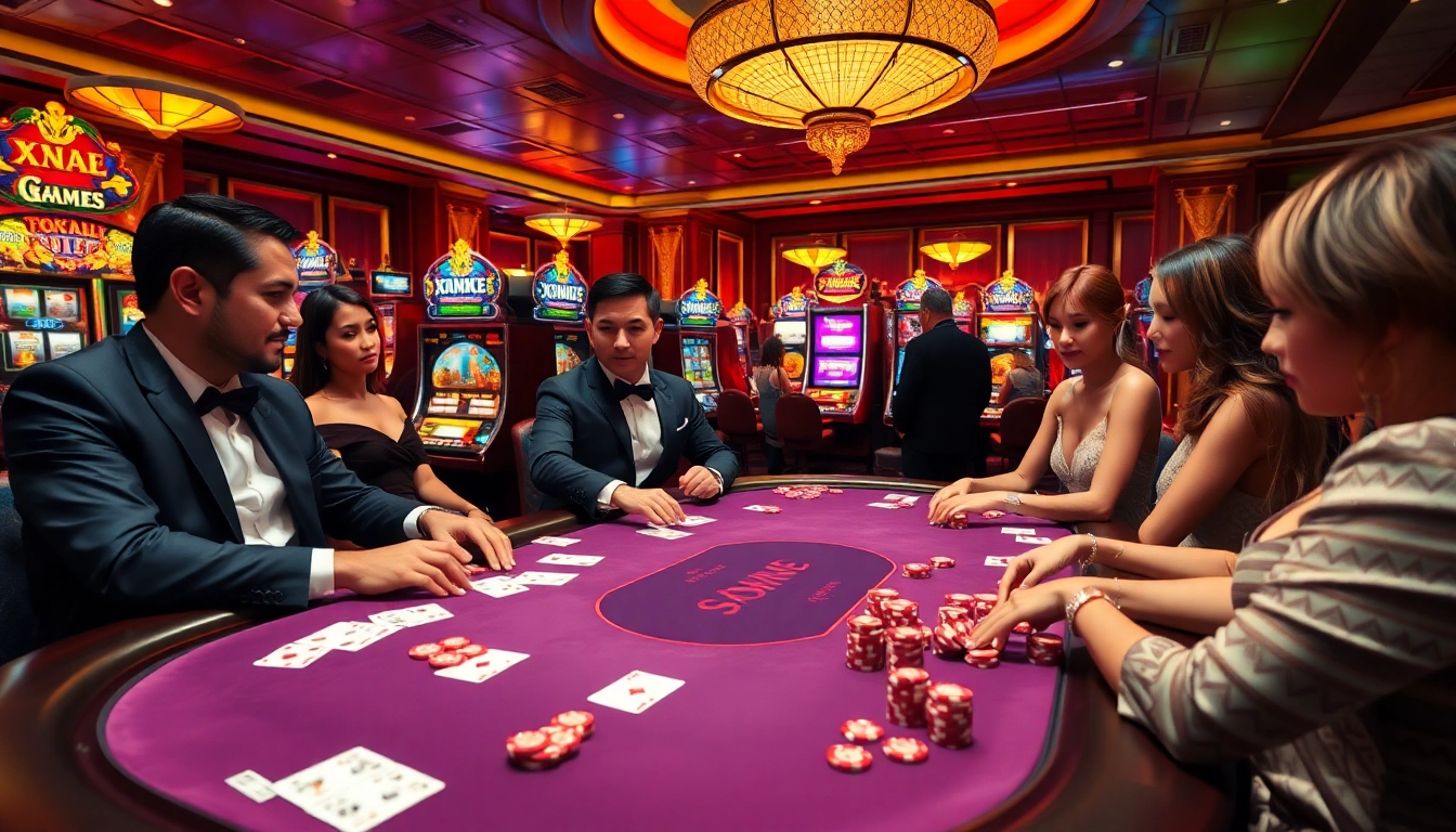 Experience the excitement of XX88 GAME at a luxurious casino with engaging poker play and vibrant slot machines.