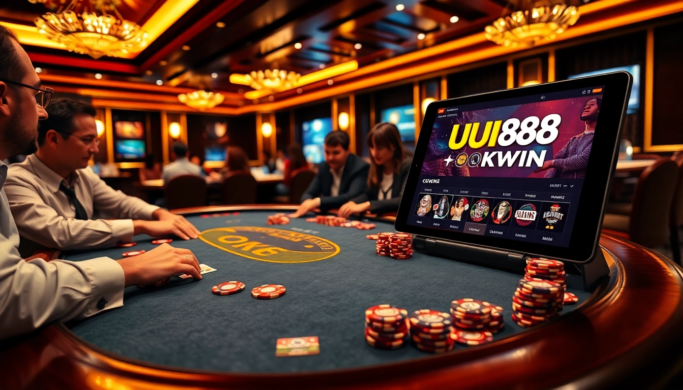 Players enjoying poker at a table with UU88 OKWIN branding, showcasing excitement and strategy.