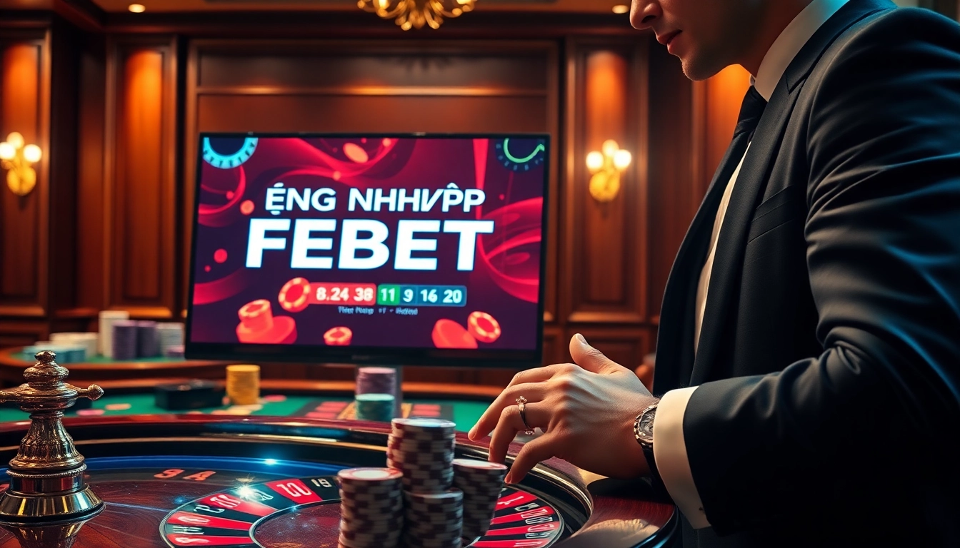 Engaging scene of ĐĂNG NHẬP FEBET on a luxurious online gambling setup, featuring vivid casino elements.