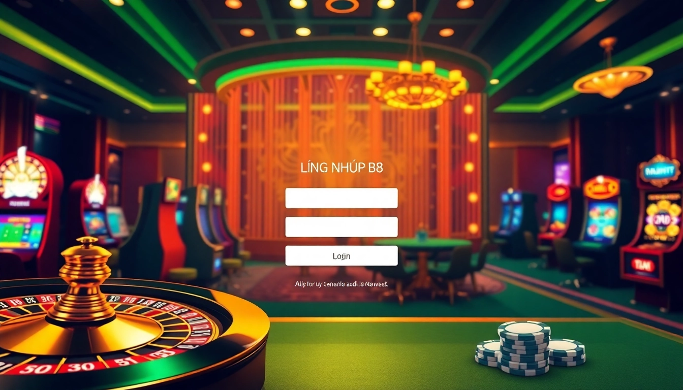 Login screen for ĐĂNG NHẬP B8 surrounded by luxurious casino elements like roulette wheels and slot machines.