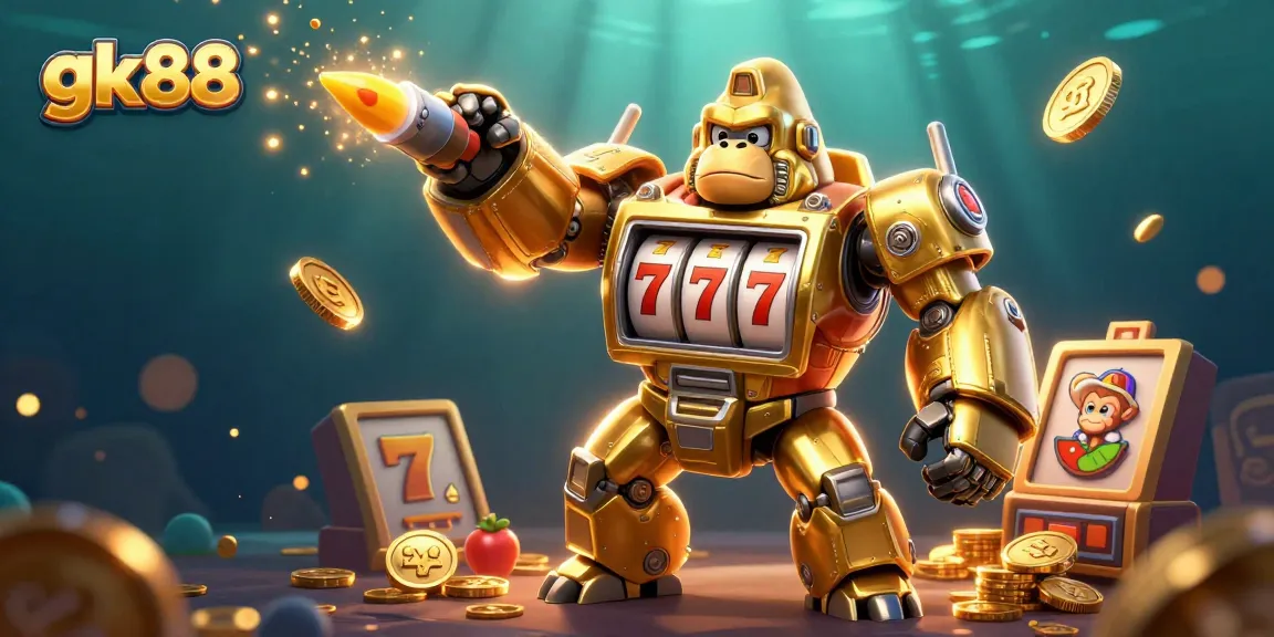 Experience thrilling gk88 gaming with a dynamic illustration showcasing slot elements and a golden gorilla mech.