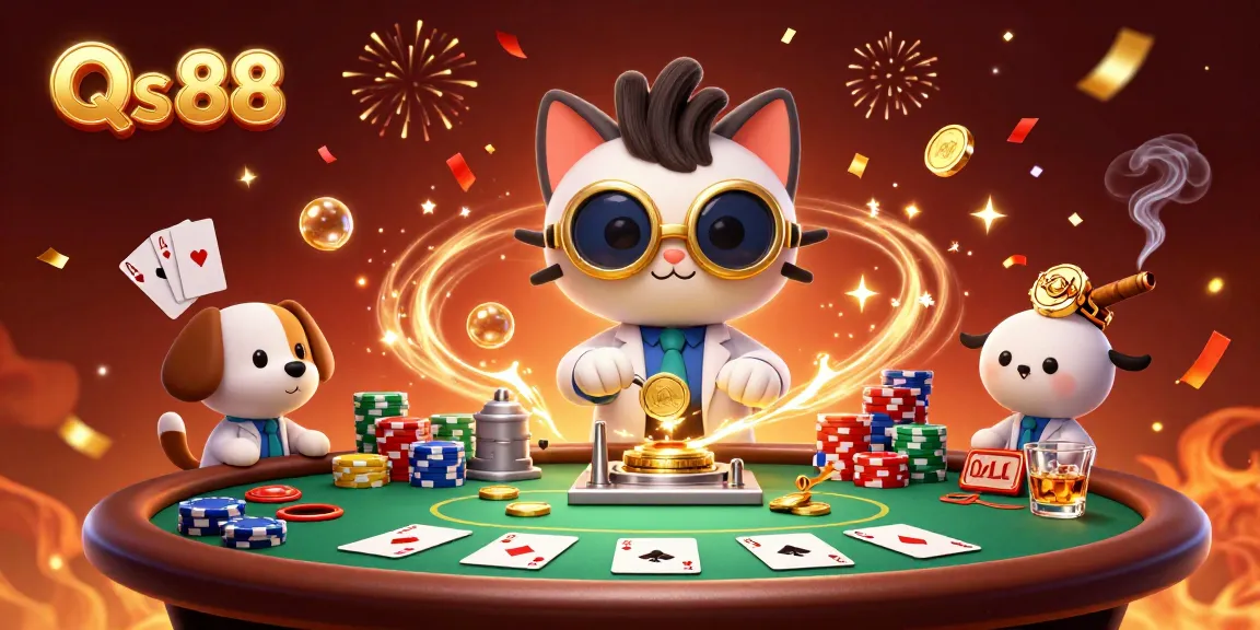 Engage in thrilling gaming with Qs 88 as a mad scientist cat creates endless gold coins amidst poker elements.