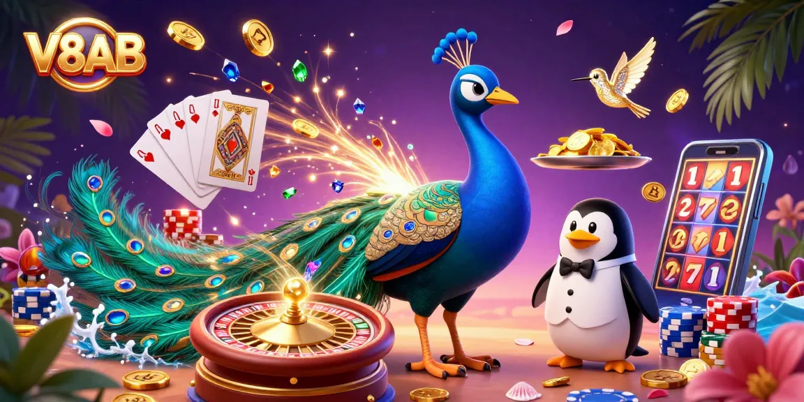 Experience the excitement of V8AB with an engaging casino scene featuring vibrant 3D characters and dynamic game elements.