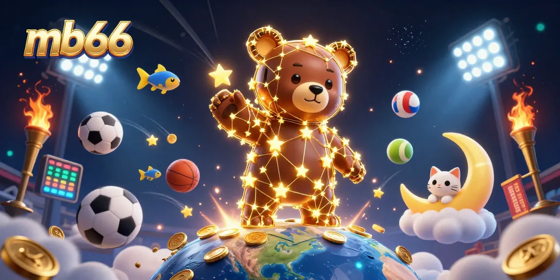Experience the excitement of mb66 with golden stars and sports elements in this dynamic illustration.