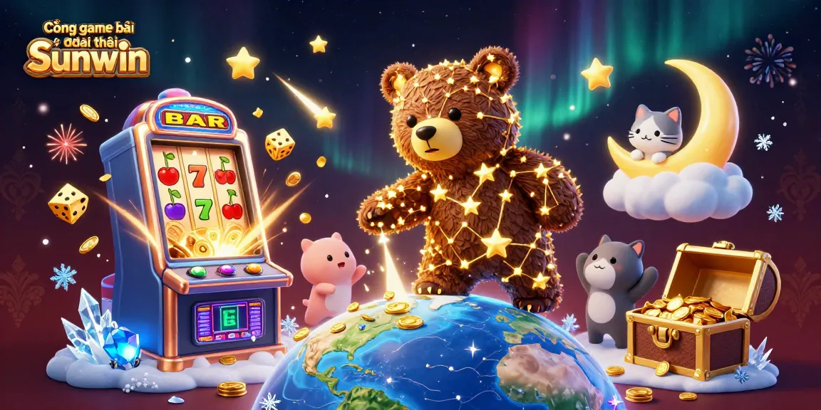 Cổng game bài đổi thưởng Sunwin showcases a magical 3D scene with a casino theme, featuring a constellation bear gathering coins amidst vibrant slots, dice, and treasures.