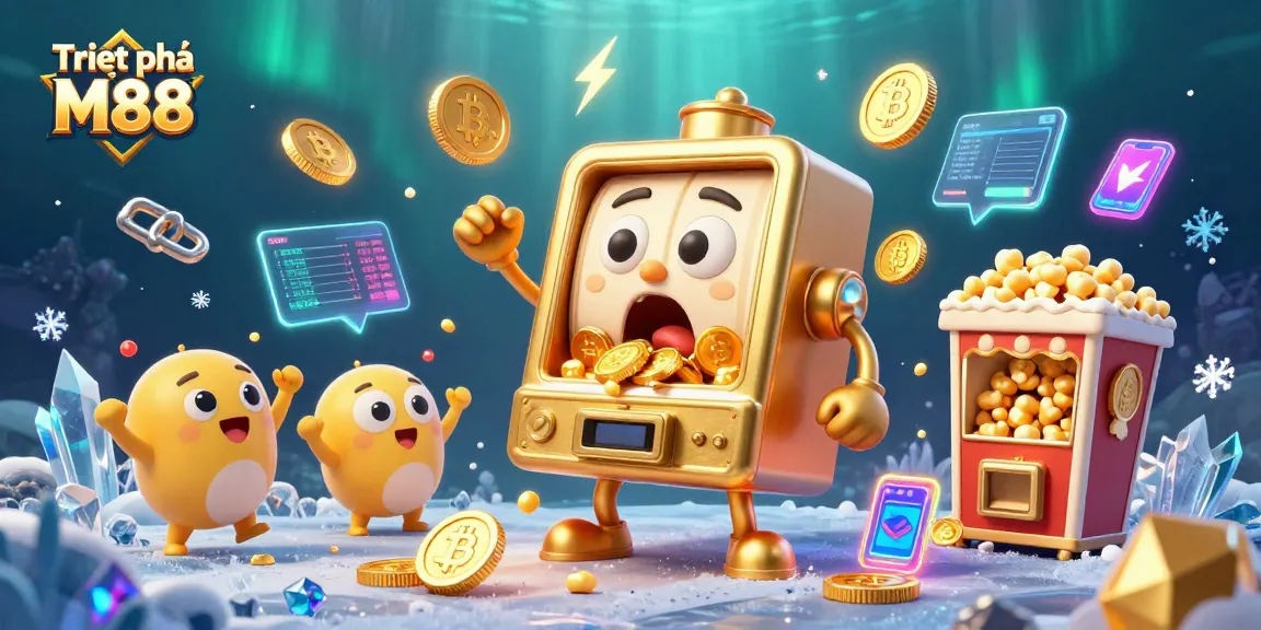 Triệt phá M88 showcases a golden slot machine hitting the jackpot in an exciting casino scene.