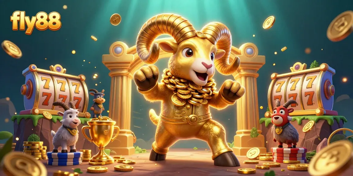 Experience the thrill of fly88 with a golden ram charging through vibrant slot game symbols and sparkling coins.