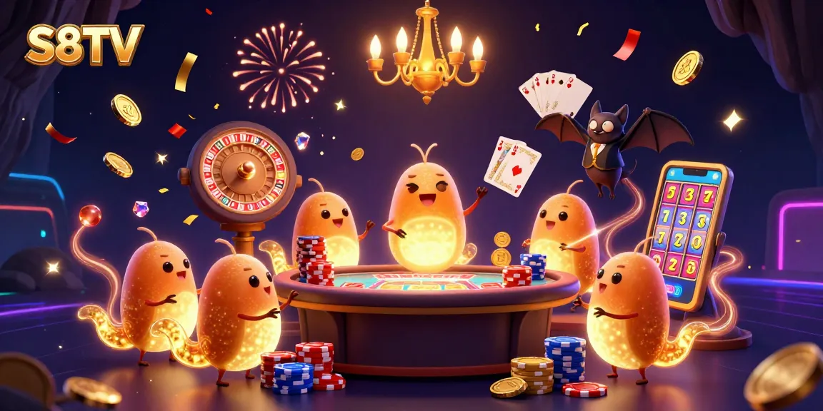 S8TV illuminates a cave casino with glowworms and a bat dealer, featuring gems, coins, and cards.