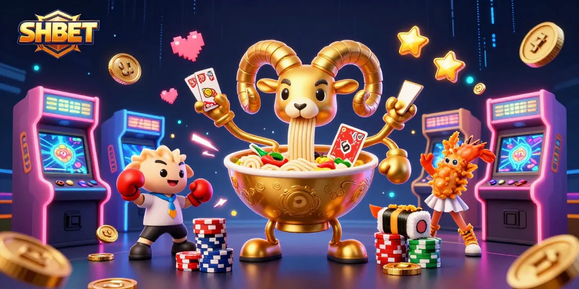 Engage with SHBET's vibrant casino scene featuring a golden ramen bowl dealer, anime-style, colorful game machines.